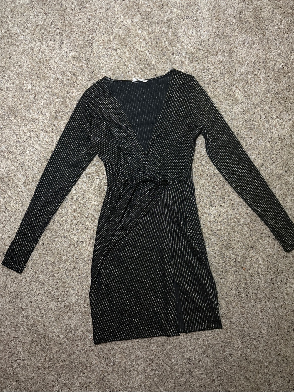 Altar’d State Black and Gold Metallic Sparkle Pinstripe Long-Sleeve Dress XS